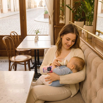 maman et bebe au bistro avec le chauffe biberon portable