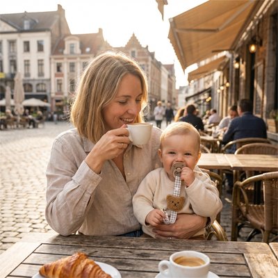 maman et bebe avec attache tetine au café terrasse 