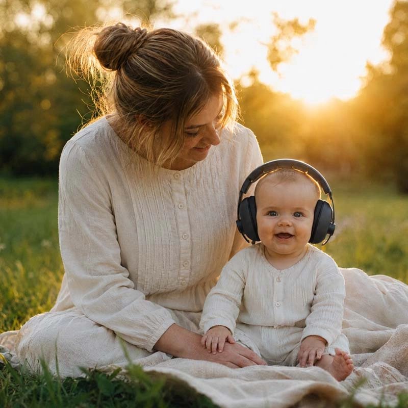 maman et bébé avec le Casque anti bruit bebe noir au jardin