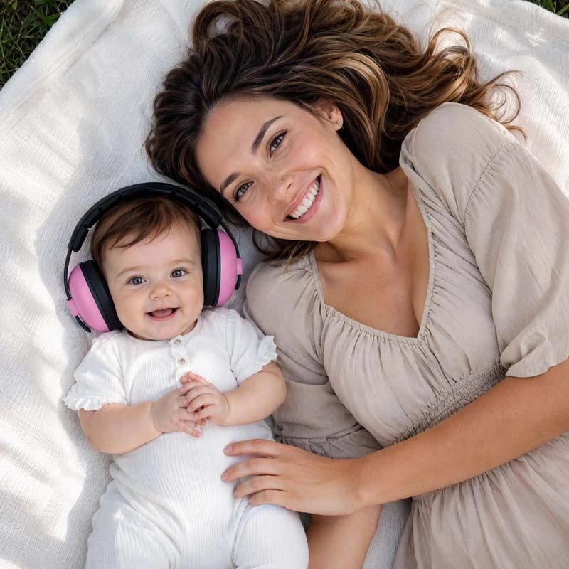 maman et bébe avec le Casque anti bruit bebe rose etendue dans le jardin