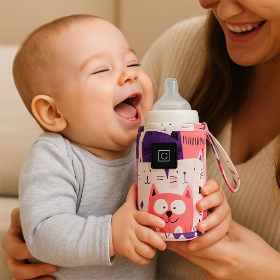Maman et bebe avec le Chauffe biberon portable​