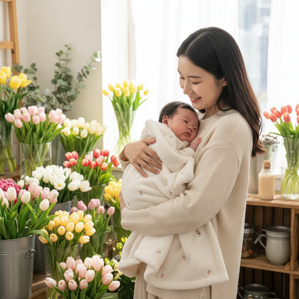 maman et bebe dans la couverture bebe chez le fleuriste