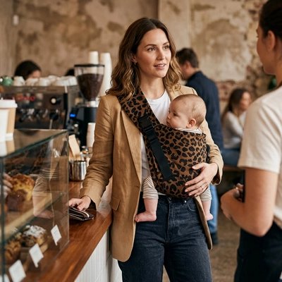 Maman et bébé dans le porte bebe hanche attende le café au bistro