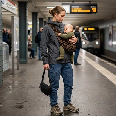 maman et bebe dans le porte bebe hanche attendent le métro