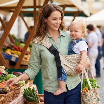 maman et bébé dans le porte bebe hanche au marché