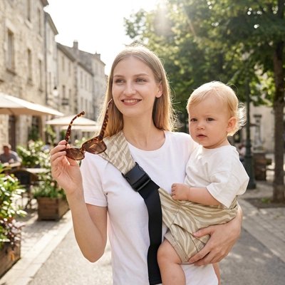 maman et bébé dans le porte bebe hanche dans la rue