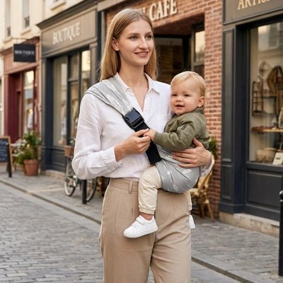 maman et bebe dans le porte bebe hanche font les boutiques