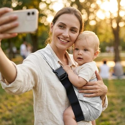 maman et bebe dans le porte bebe hanche heureux en prenant des photos