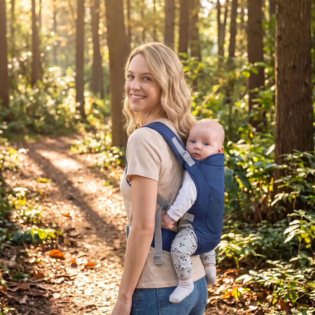 maman et bebe dans le porte bebe en promenade dans le bois