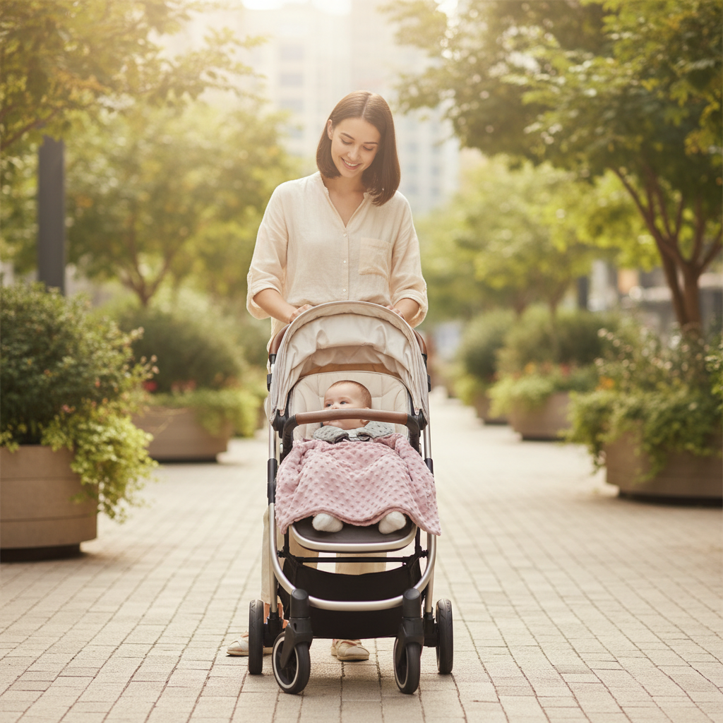maman et bébé en poussette sous sa couverture bebe grise et rose