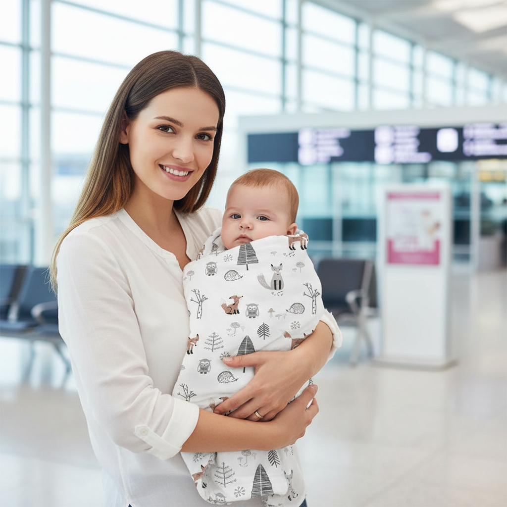 maman et bébé envelooer dans couverture en polaire bebe à l'aéroport
