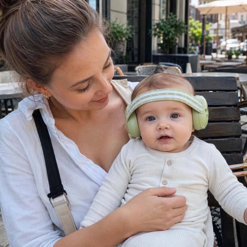 maman et bébé portant le Casque anti bruit bebe vert sur terrasse de café