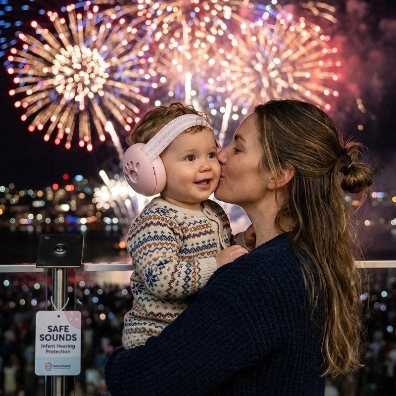 Maman et bébé porte son Casque anti bruit bébé rose aux feux d'artifices