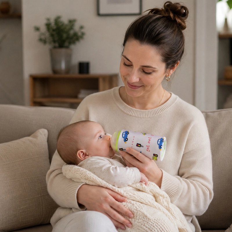 Maman et bébé qui boit son lait du Chauffe biberon nomade voiture