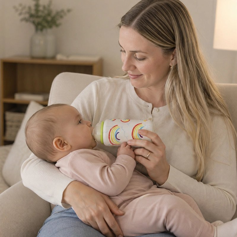 Maman et bébé qui boit son lait du Chauffe biberon nomade arc-en-ciel