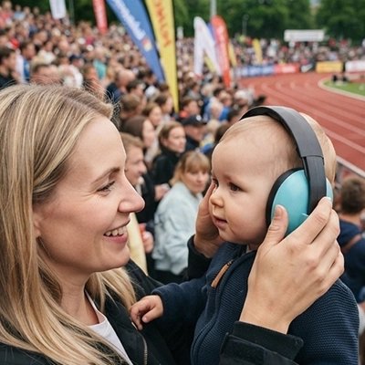 Maman et bébé qui porte Casque anti bruit bébé bleu poudre