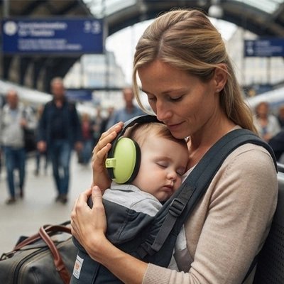 Maman et bébé qui porte le Casque anti bruit bébé vert à la gare