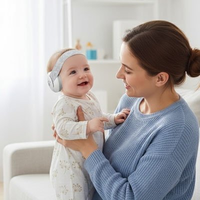 Maman et bébé qui porte le Casque anti bruit bebe, prête pour la sortie