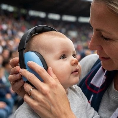 Maman et bébé qui porte le Casque anti bruit bébé bleu