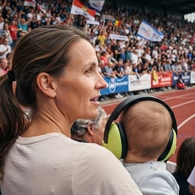 Maman et bébé qui porte le Casque anti bruit bébé vert au stade