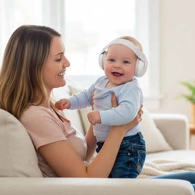 Maman et bébé qui porte le Casque anti bruit pour bebe