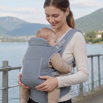 maman se promenant au bord du lac avec bebe dans le Porte bébé 
