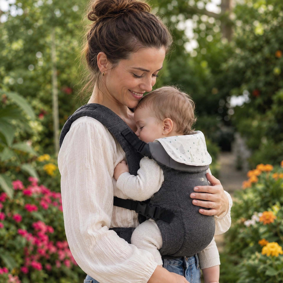 Maman se promène avec bébé Porte bebe physiologique
