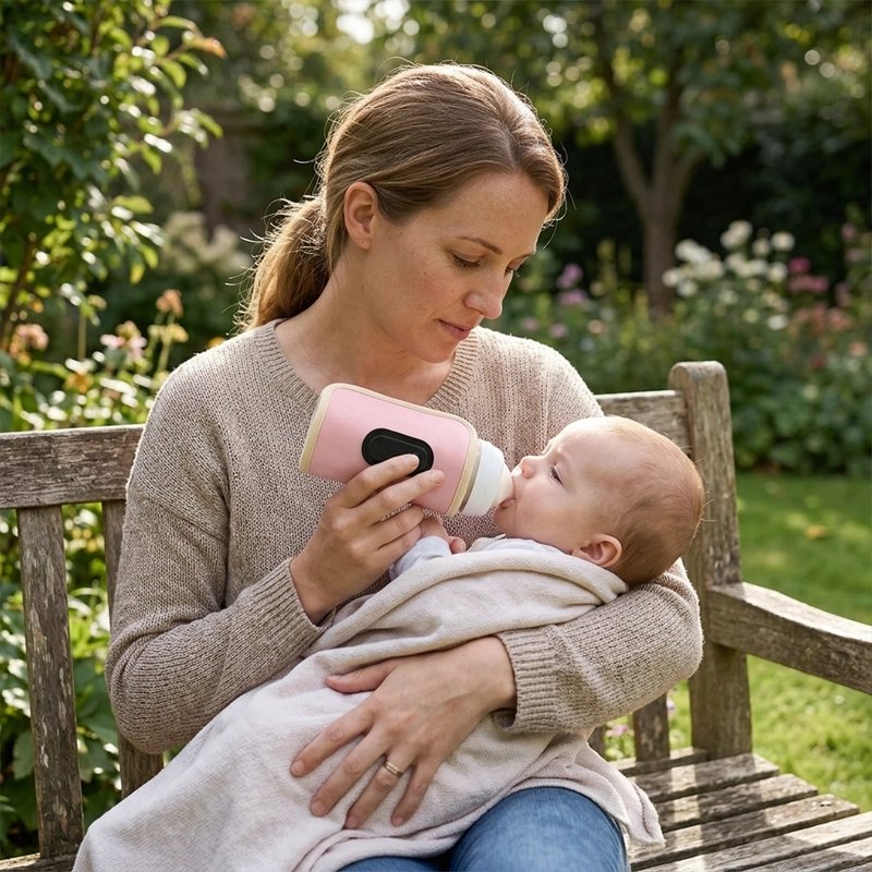 Maman tient le Chauffe biberon nomade rose au parc pendant que bébé boit son lait