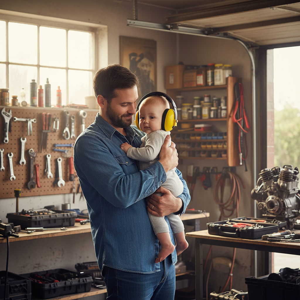 papa dans le garage avec bébé qui porte son casque anti bruit bébé jaune