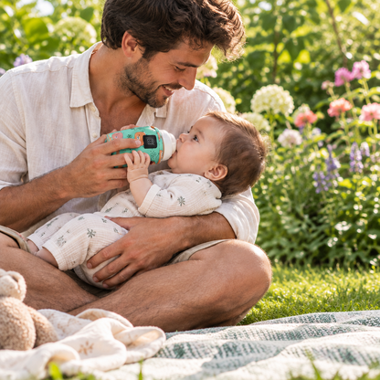 papa donne le lait à bébé dans le chauffe biberon ourson vert au jardin