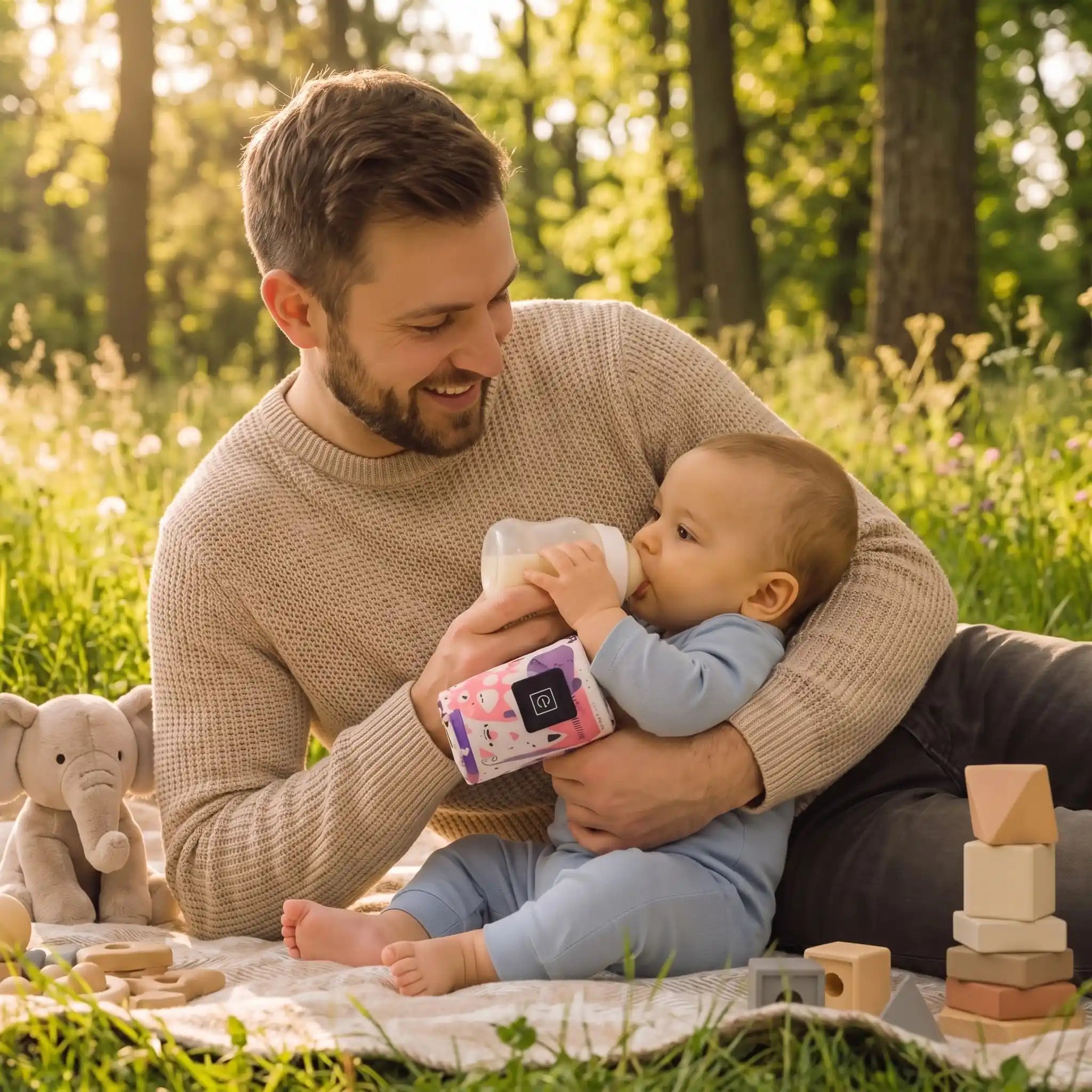 Papa et bebe au parc avec le chauffe biberon portable
