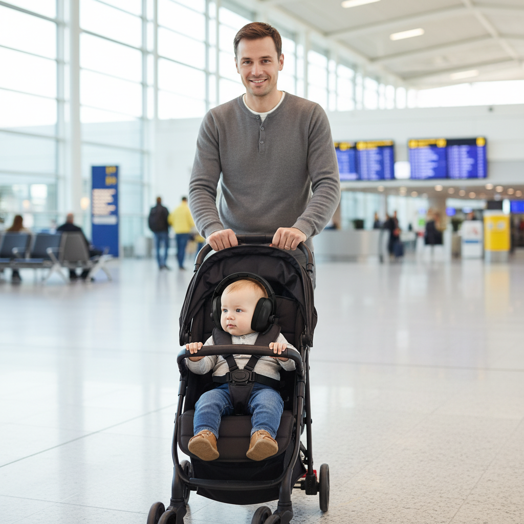 papa et bebe avec le casque anti bruit bebe noir à l'aéroport