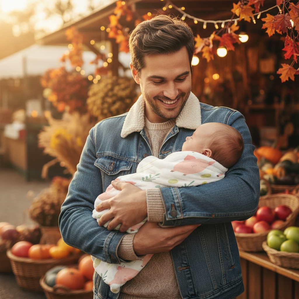 papa et bébé dans la couverture bebe cochon au marché l'automne