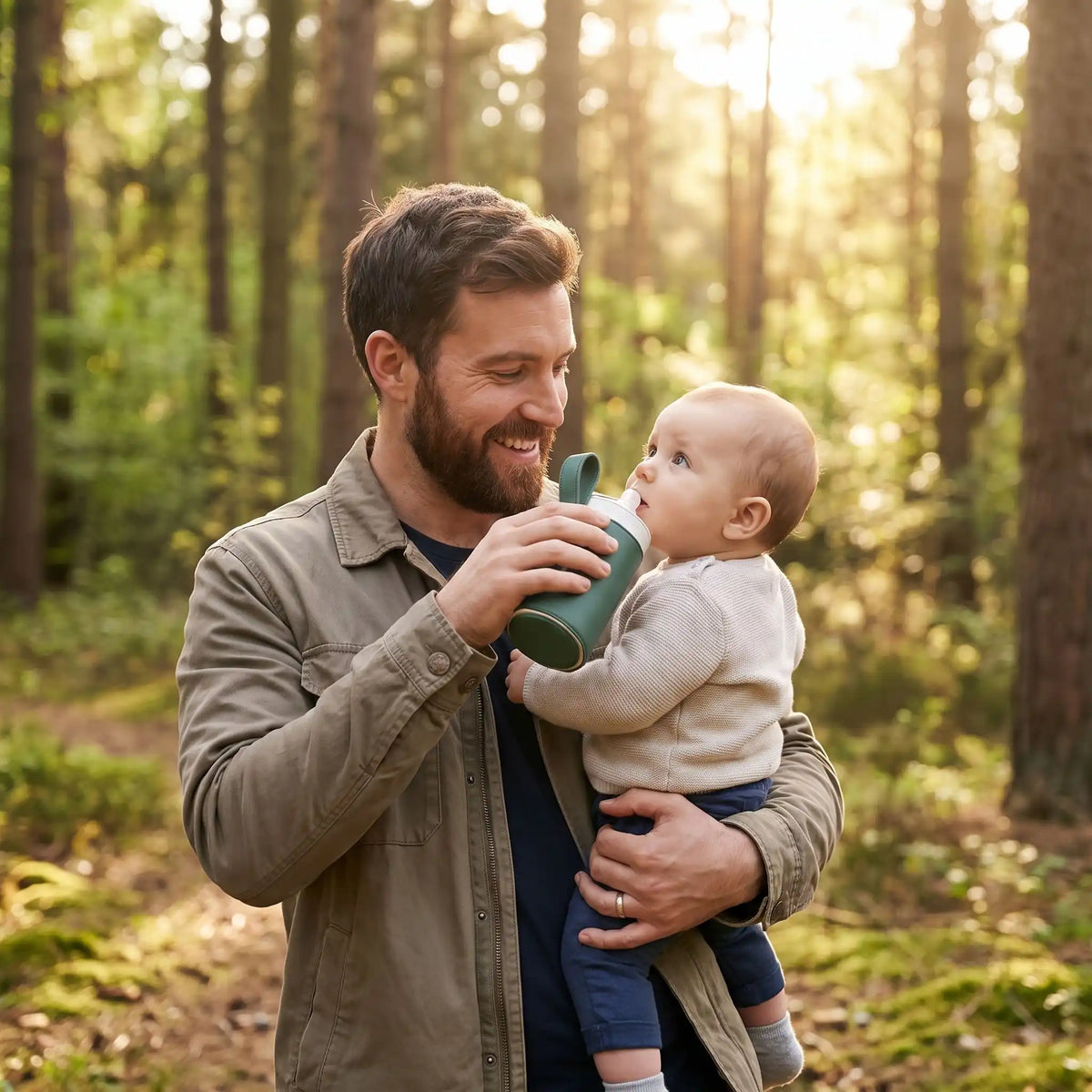 papa et bébé dans la forêt avec le chauffe biberon portable kaki