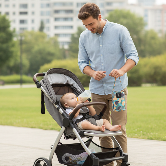 papa et bébé en ville avec le chauffe biberon bleu