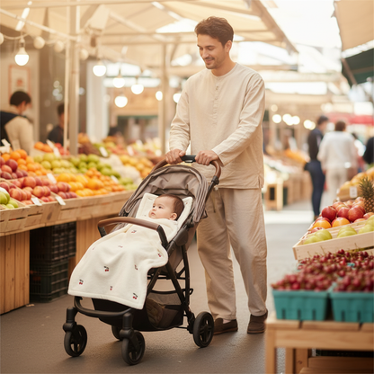 papa et bébé enveloppé dans sa couverture bebe cerise au marché