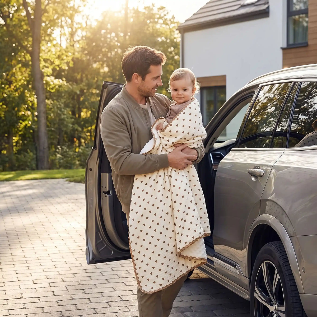 papa et bebe enveloppé dans couverture bébé en sortant de la voiture