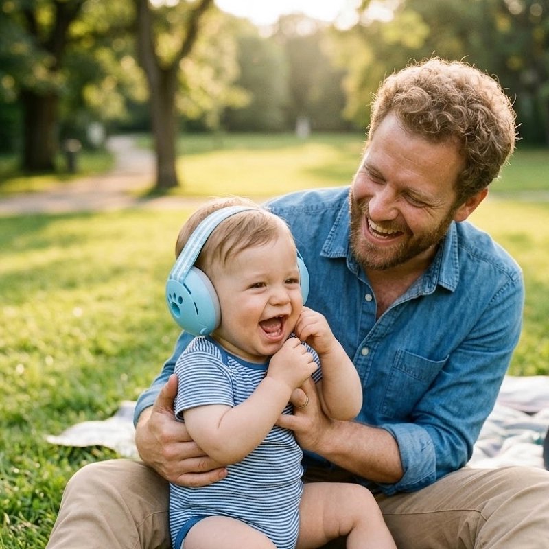 papa et bébé portant le Casque anti bruit bebe bleu au parc