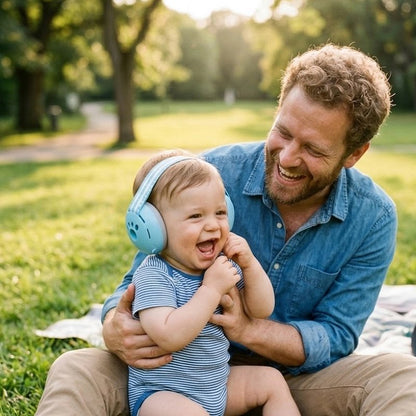 papa et bébé portant le Casque anti bruit bebe bleu au parc