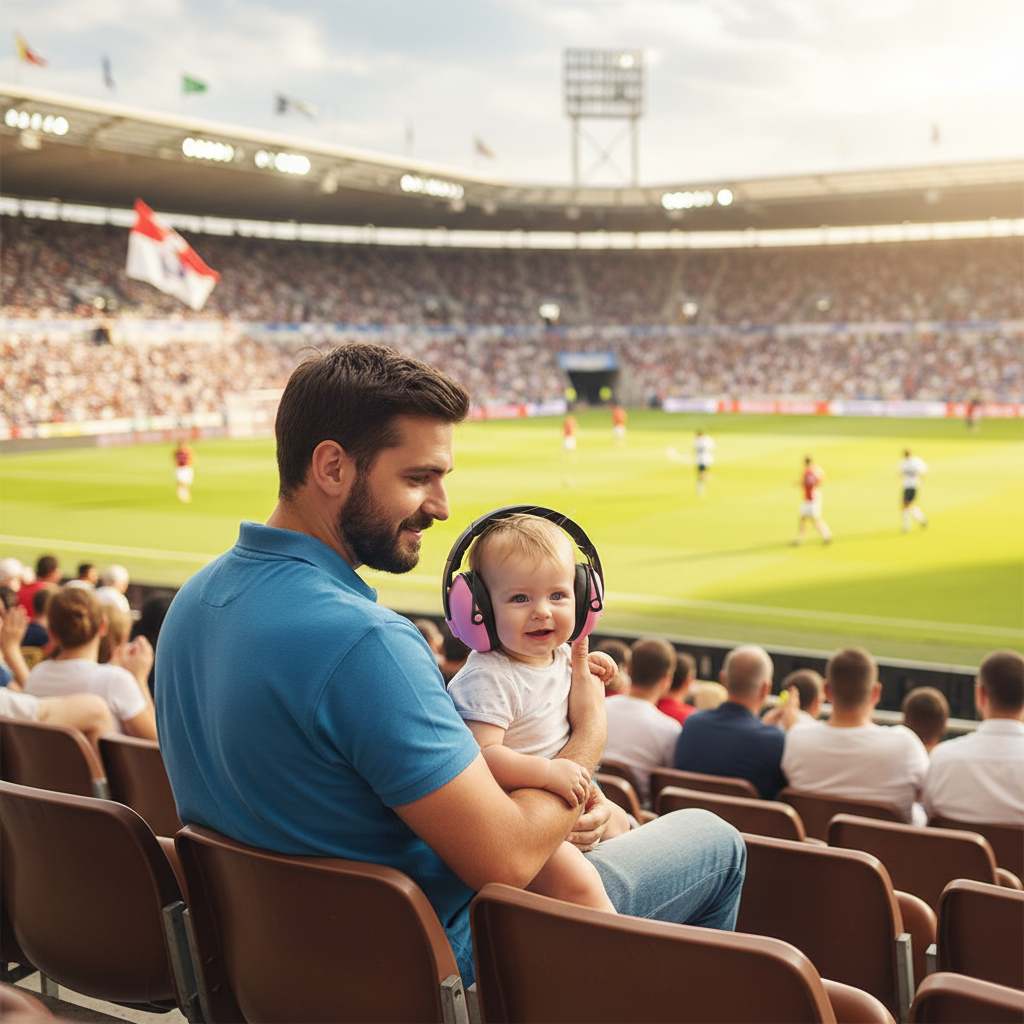 papa et bébé  portant le casque anti bruit bébé rose dans les estrades d'un match de football