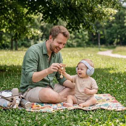 papa et bébé qui Casque anti bruit pour bebe en jouant au parc
