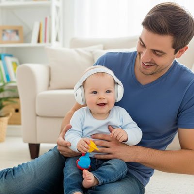 Papa et bébé qui porte le casque anti bruit pour bebe