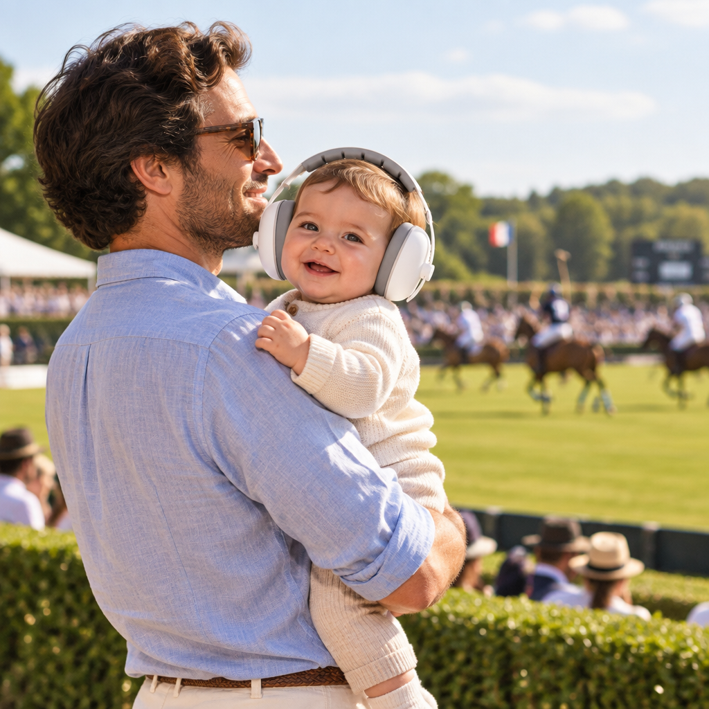 papa et bébé qui porte un casque anti bruit bébé à un match de polo