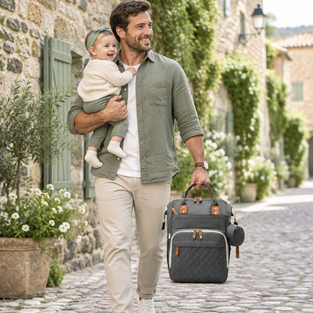 papa et bébé se promènent au village avec le sac à dos à langer à la main