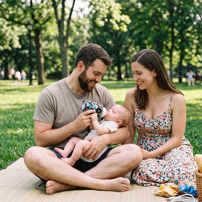 Papa, maman et bébé au parc avec le chauffe biberon nomade