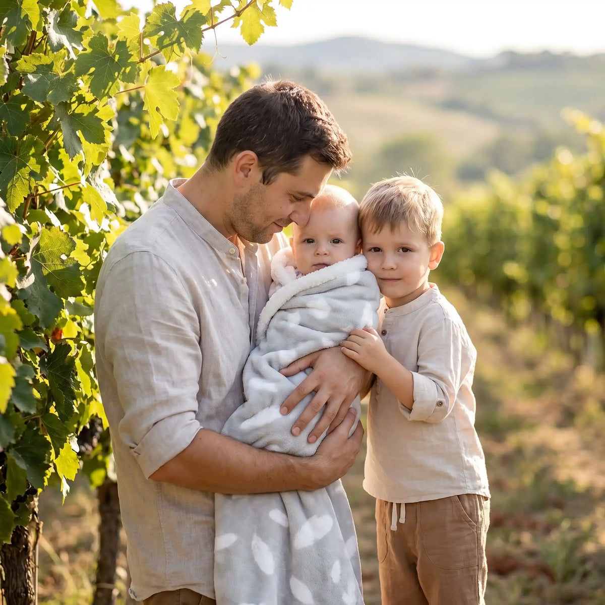 papa, petit-garçon et bébé dans la couverture polaire bebe grise