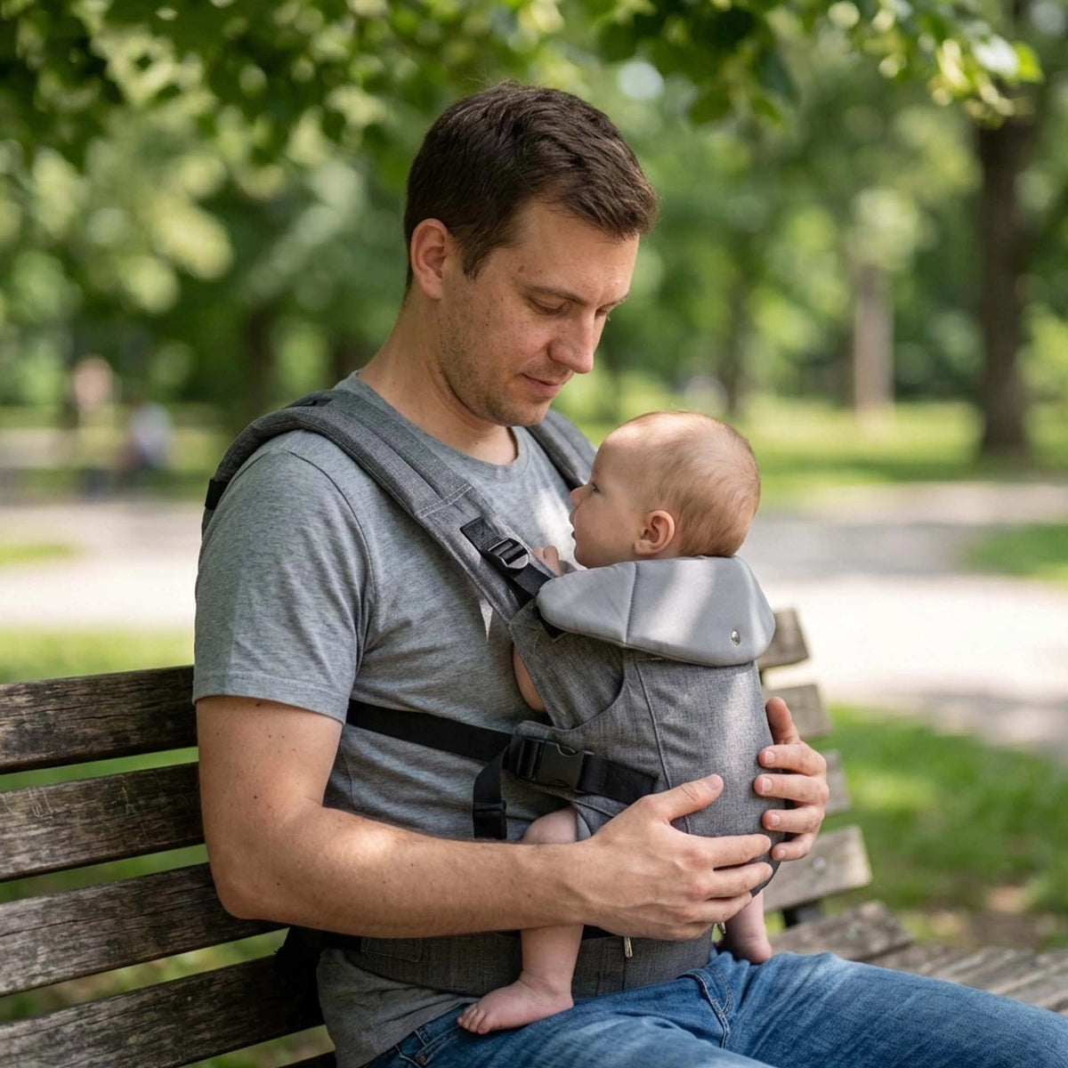 Papa se repose avec bebe Porte bebe physiologique