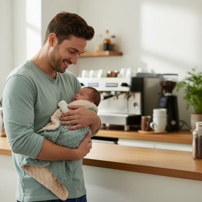 papa tient bébé dans ses brans dans la couverture bebe bleu et beige