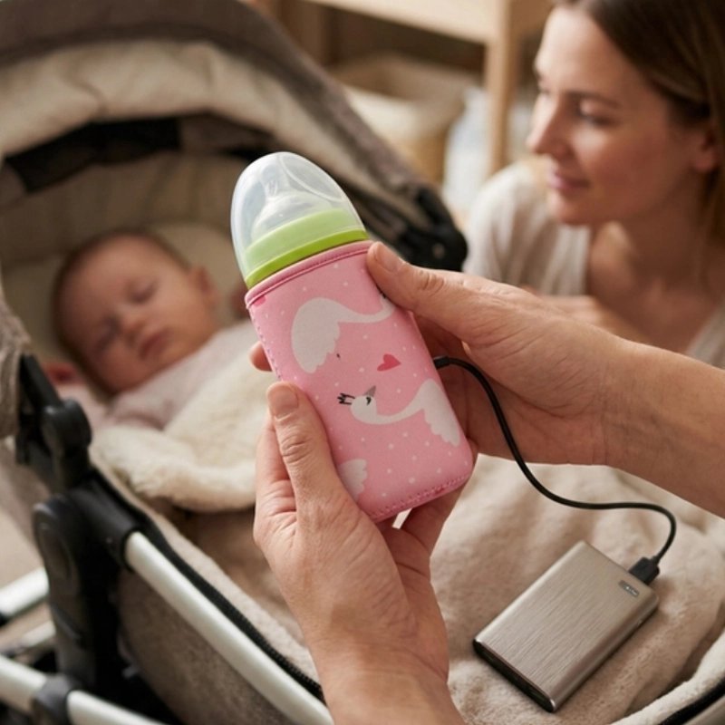 Papa utilise le Chauffe biberon nomade cygne pendant que maman regarde bébé endormi dans la poussette