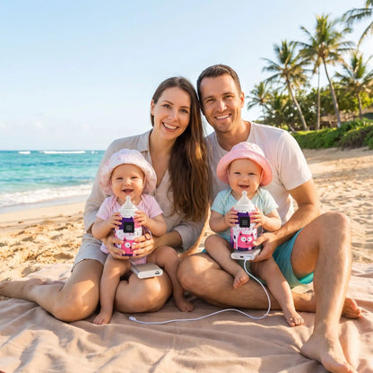 Parent à la plage avec leurs jumelles qui tiennent chacune un chauffe biberon portable